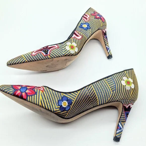 Neiman Marcus Multicolor Floral Striped Embroidered Heels 8M
